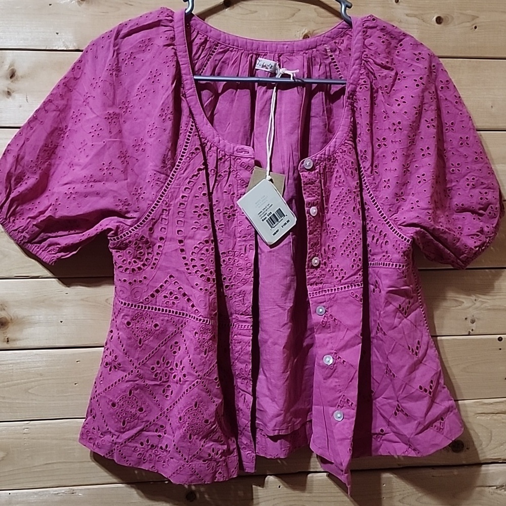 FAHERTY Carmel Eyelet Puff Sleeve Top in Cactus Flower Women's Size XXS NWT